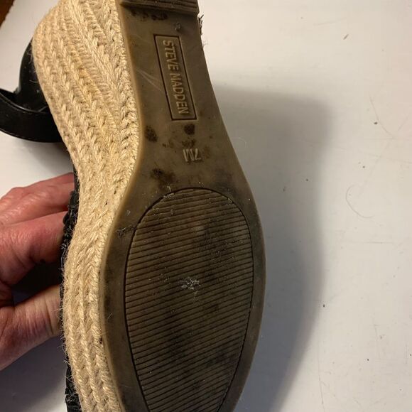 Steve Madden Black Basket Weave Wedge Platform Leather and Rope Sandall Size 7M - Picture 7 of 8